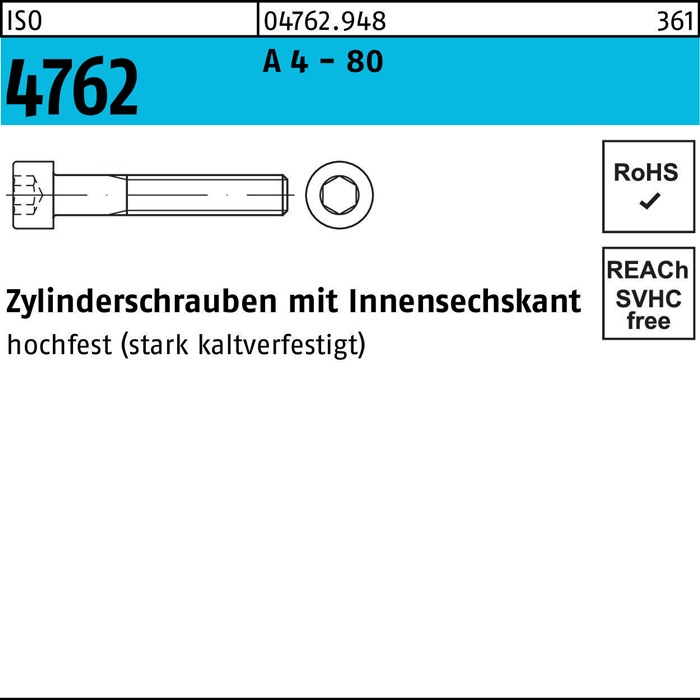 Zylinderschraube ISO 4762 Innen-6kt M8x 50 A 4 - 80 100 Stück