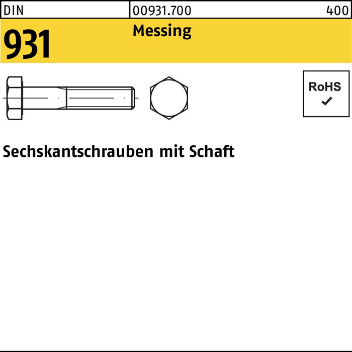 Sechskantschraube DIN 931 Schaft M10x 50 Messing 100 Stück