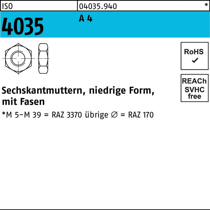 Sechskantmutter ISO 4035 niedrig Fasen M24 A 4 10 Stück