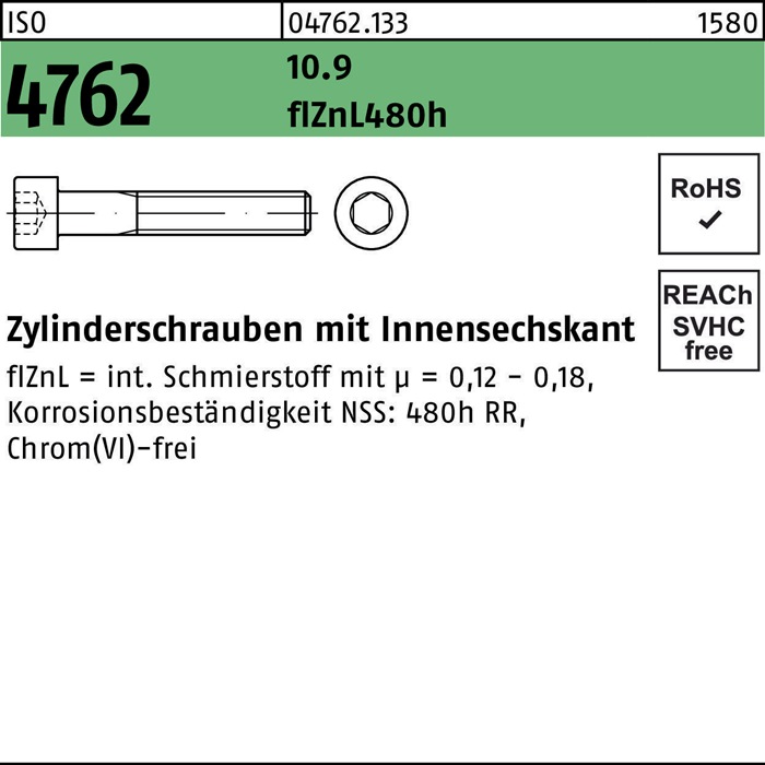 Zylinderschraube ISO 4762 Innen-6kt M6x65 10.9 zinklamellenb. 200St.
