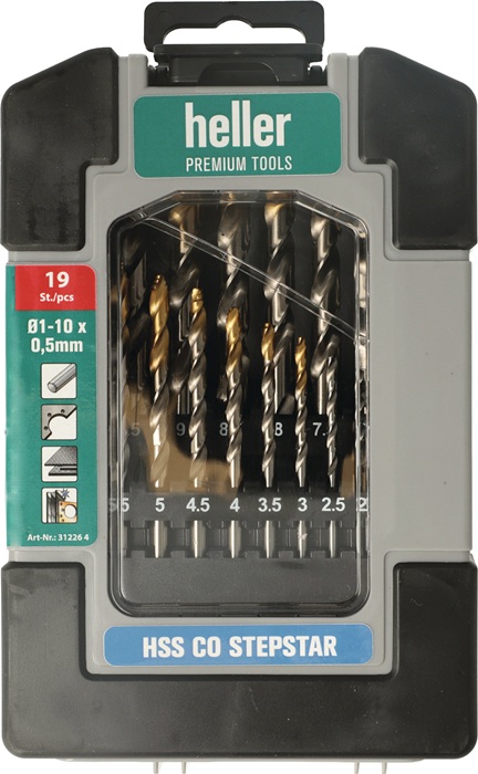 Metallbohrer-Set DIN 338 Stepstar D.1-10 HSS-Co TiN 19-tlg.Heavy-Duty Box HELLER