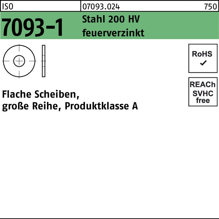 Unterlegscheibe ISO 7093-1 16 Stahl 200 HV feuerverz. 100 Stück