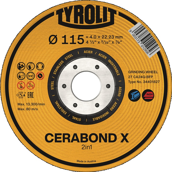 Schruppscheibe CERABOND X D178xS7mm K.24 gekr.INOX/Stahl Bohr.22,23mm TYROLIT