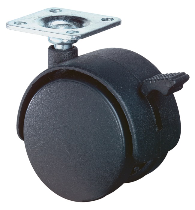 Kunststoffdoppelrolle m.Festst.D.40mm Trgf.30kg m.Platte harte Lauffläche