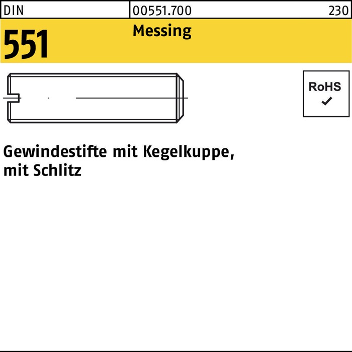 Gewindestift DIN 551 m.Kegelkuppe/Schlitz M6x 12 Messing 100 Stück