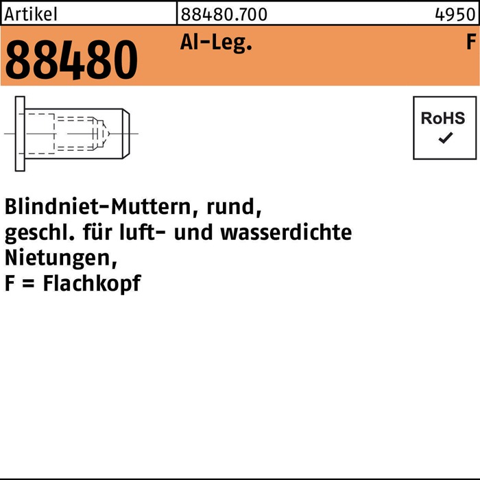 Blindnietmutter R 88480 FLAKO M8 /0,3 -3,0 Aluminium 250 Stück