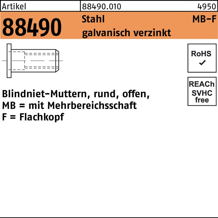 Blindnietmutter R 88490 FLAKO M8/0,5 - 7,5 Stahl galv.verz. 500St.