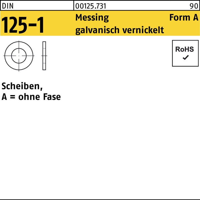 Unterlegscheibe DIN 125-1 A 3,2x7x0,5 Messing galv. vernickelt 1000St.