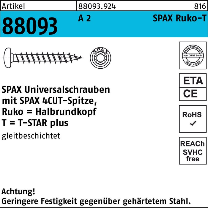 Schraube R 88093 Ruko Spitze/T-STAR VG 3,5x 20/16-T15 A 2 200 Stück SPAX