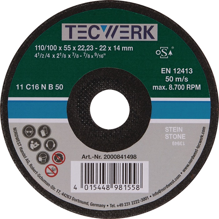 Schleiftopf C16N 110/100mm Natur- u.Kunststein,Stahlguss 16 Bohr.22,23mm TECWERK