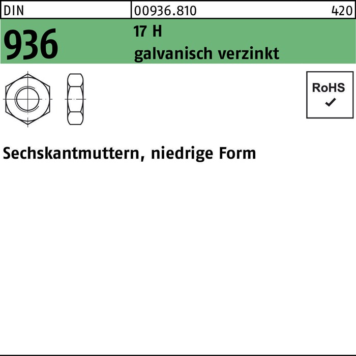 Sechskantmutter DIN 936 M14 17 H galv.verz. 100 Stück