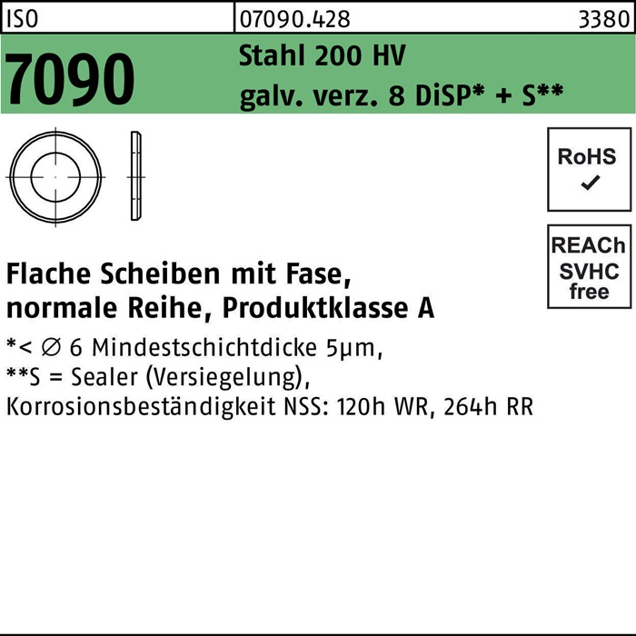 Unterlegscheibe ISO 7090 m.Fase 27 Stahl 200 HV galv.verz.+S 100 Stück