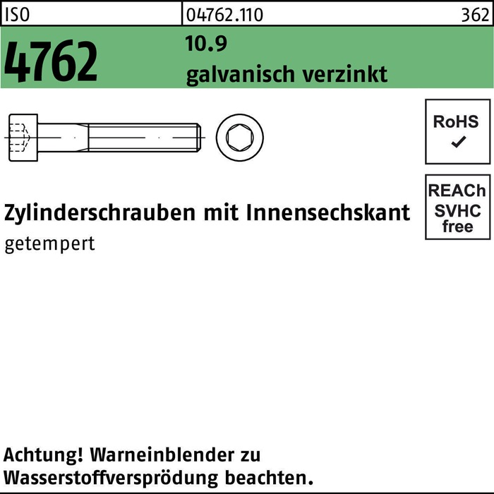 Zylinderschraube ISO 4762 Innen-6kt M3x12 10.9 galv.verz. 500St.