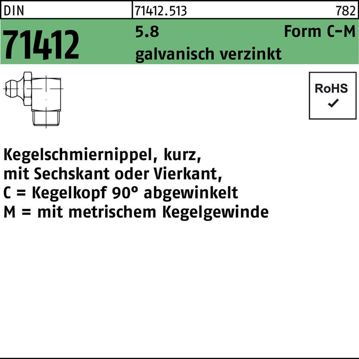 Kegelschmiernippel DIN 71412 FormC-M CM 8x1,25 SW 9 5.8 galv.verz. 100St.