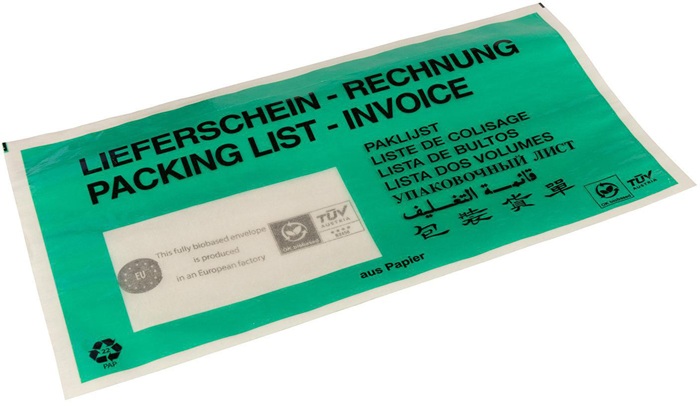 Dokumententaschen Maße 240x131mm 100% Papier grün TRANSPAK