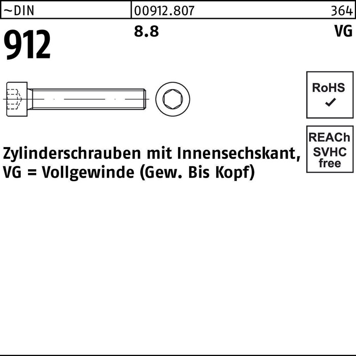 Zylinderschraube DIN 912 Innen-6kt VG M6x 80 8.8 200 Stück