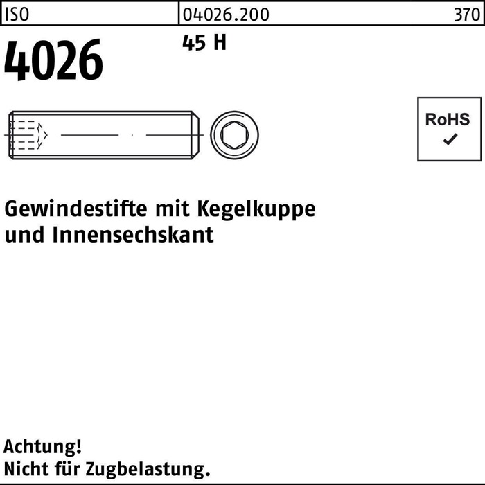 Gewindestift ISO 4026 Kegelkuppe/Innen-6kt M8x 70 45 H 100 Stück