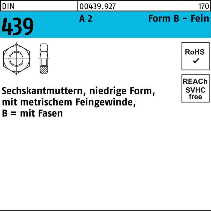 Sechskantmutter DIN 439/ISO 4035 FormB BM 18x 1,5 A 2 10 Stück