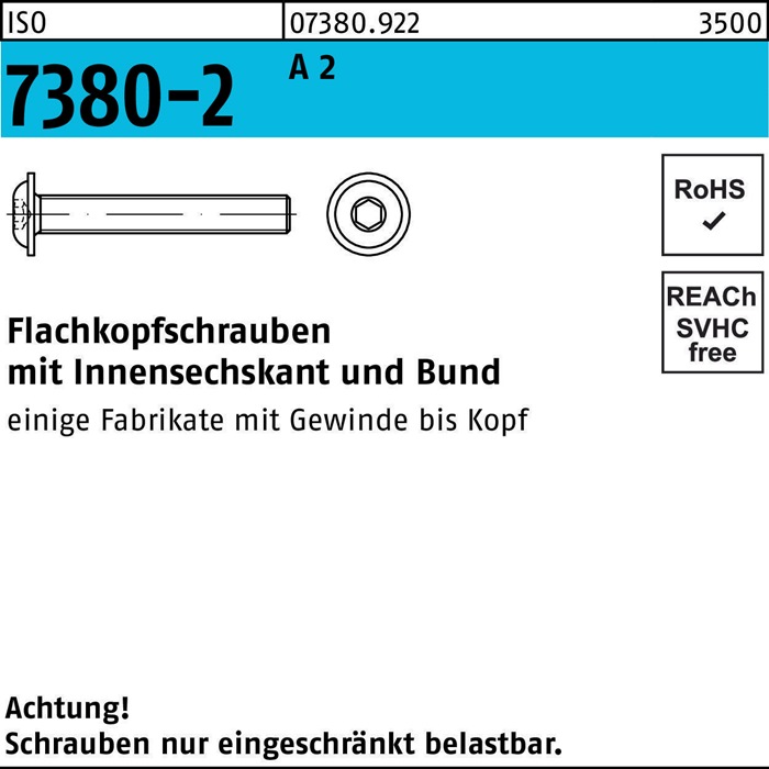 Flachkopfschraube ISO 7380-2 Bund/Innen-6kt M6x 8 A 2 500 Stück