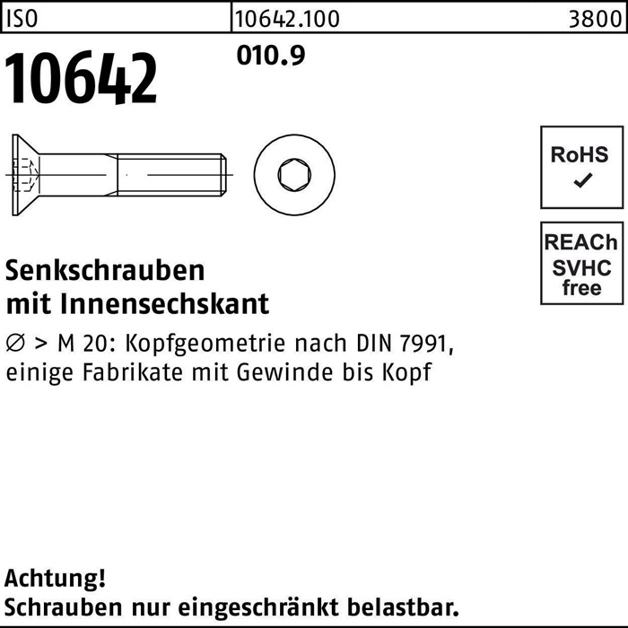 Senkschraube ISO 10642 Innen-6kt M12x 45 010.9 100 Stück