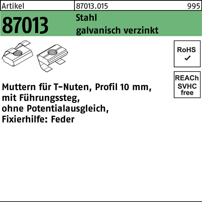 T-Nutenmutter R 87013 Führungssteg/o.Potentialausgl. 10mm M8 galv.verz. 250St.