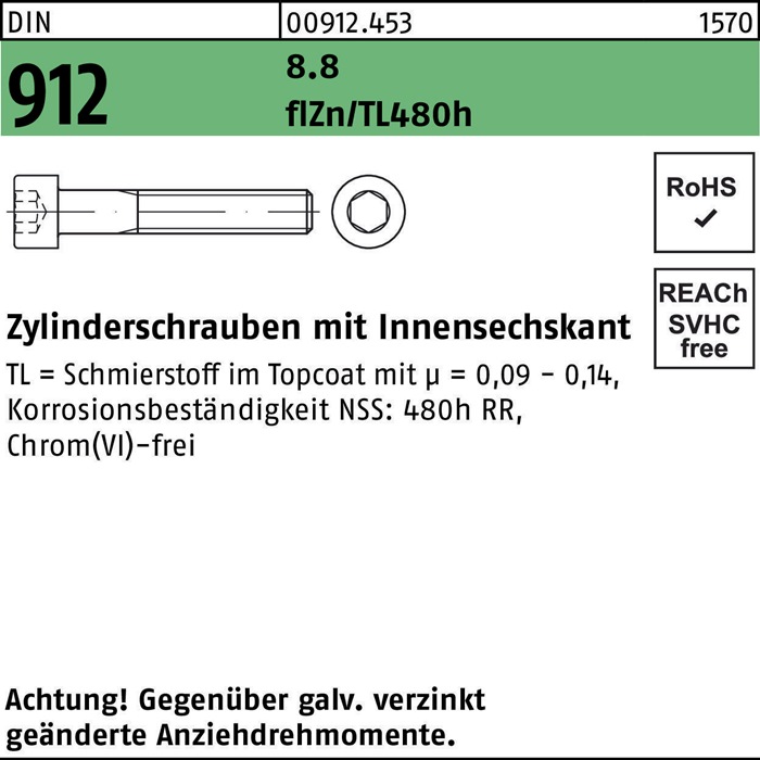 Zylinderschraube DIN 912 Innen-6kt M20x180 8.8 flZnnc 480h-L 10St.