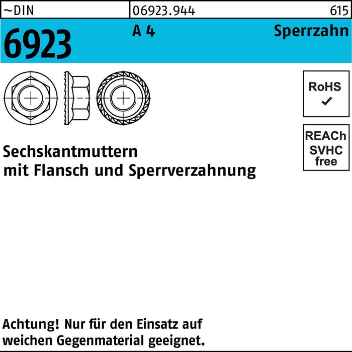 Sechskantmutter DIN 6923 Flansch M10 A 4 Sperrzahnung 200 Stück