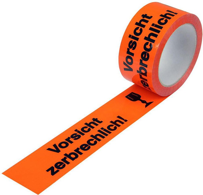 Warnklebeband Breite 50mm L.66m S.52µ PP leuchtorange Vorsicht zerbrechlich