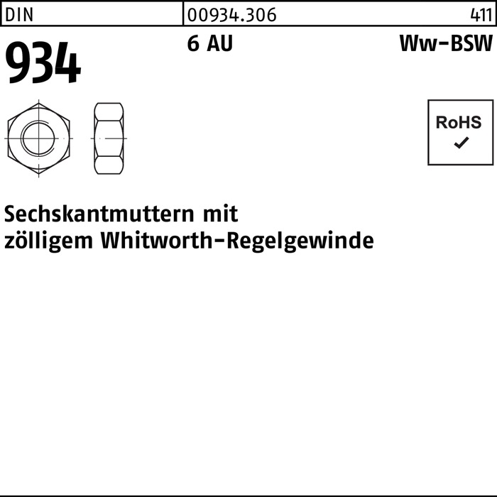 Sechskantmutter DIN 934 WW 5/16 6 Automatenstahl 100 Stück