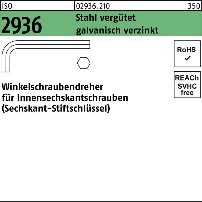 Winkelschraubendreher ISO 2936 Innen-6kt SW 4 Stahl vergütet galv.verz. 100St.