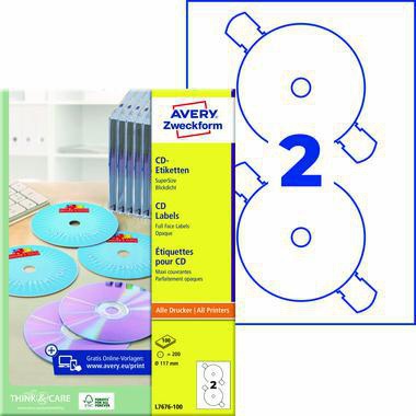 Avery Zweckform CD/DVD-Etikett L7676-100 117mm weiß 200 St./Pack.