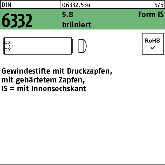 Gewindestift DIN 6332 Form IS Zapfen/Innen-6kt IS M10x45 5.8 brüniert 10St.