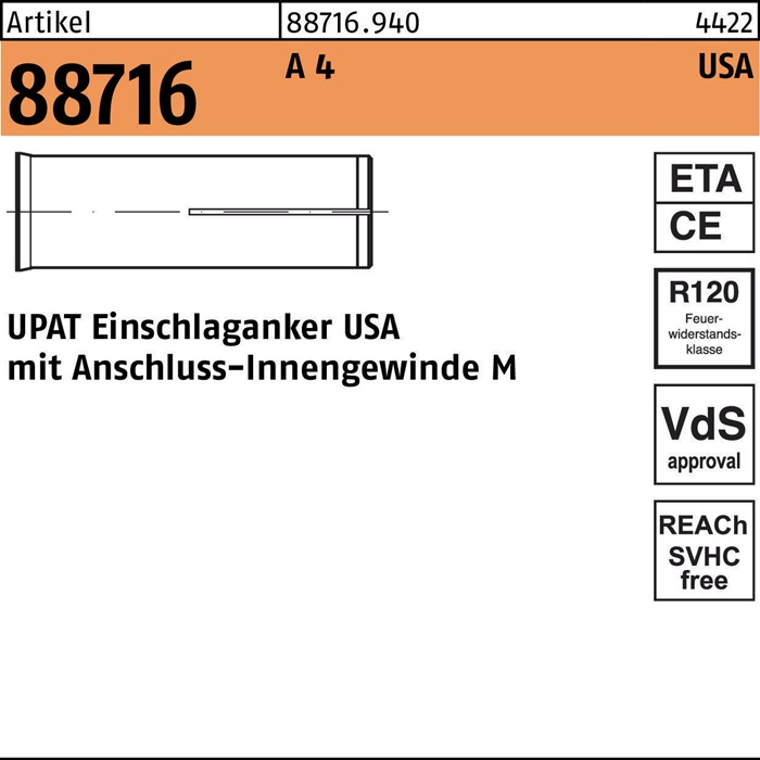 Einschlaganker R 88716 USA M6 A 4 100 Stück UPAT