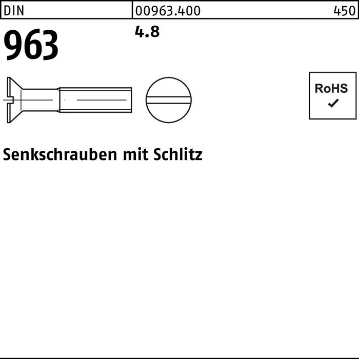 Senkschraube DIN 963 Schlitz M8x 70 4.8 200 Stück