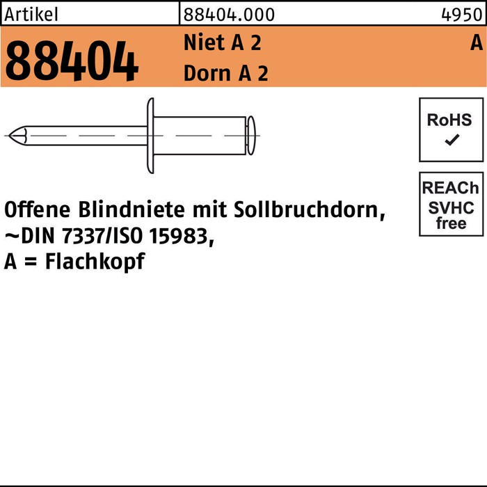 Blindniete R 88404 FLAKO 5x 8 Niet A 2/Dorn A 2 500 Stück