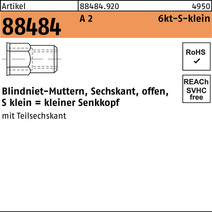 Sechskantblindnietmutter R 88484 SEKO M6 /0,5 -3,0 A 2 500 Stück