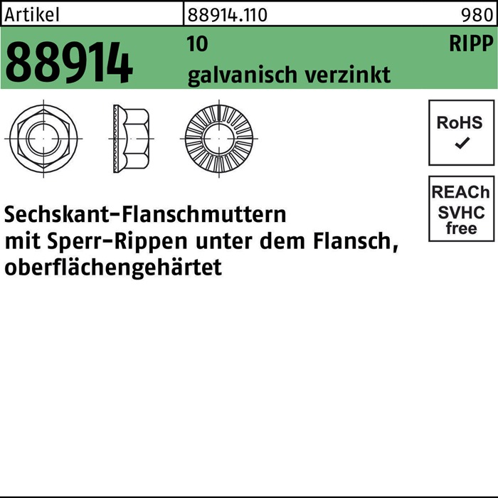 Sechskantflanschmutter R 88914 Sperr-Ripp M16 10 galv.verz. 50 Stück