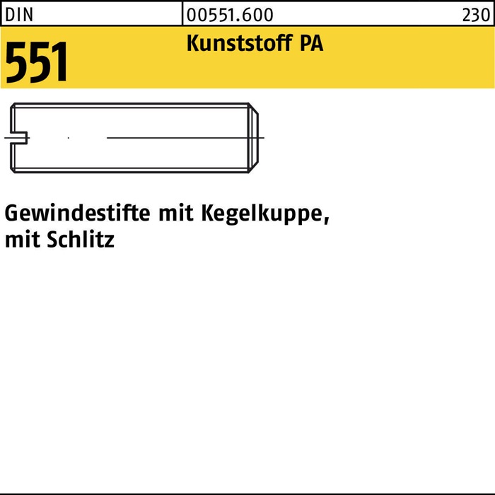 Gewindestift DIN 551 m.Kegelkuppe/Schlitz M8x 12 Polyamid 100 Stück