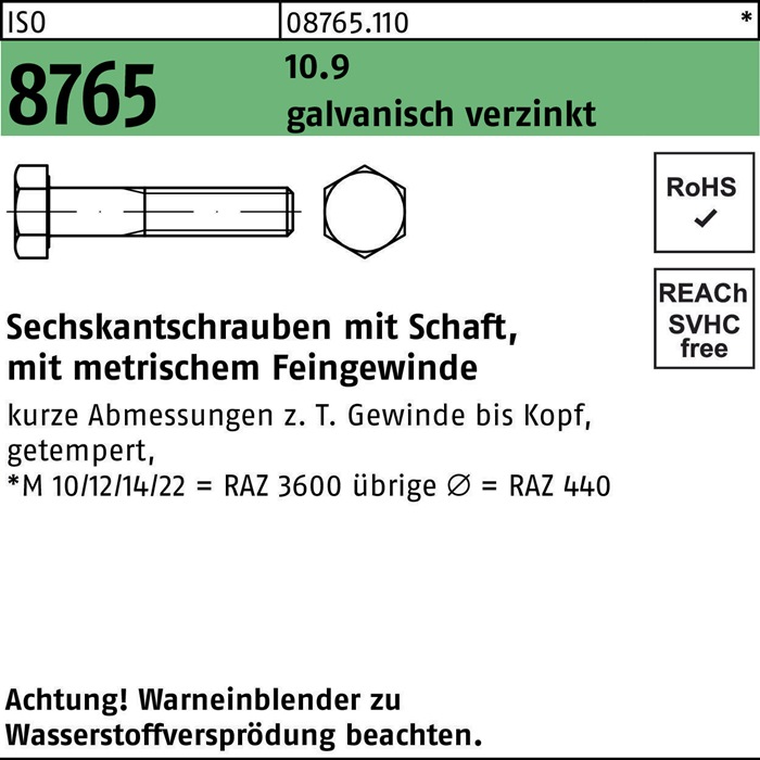 Sechskantschraube ISO 8765 Schaft M16x1,5x60 10.9 galv.verz. 50St.