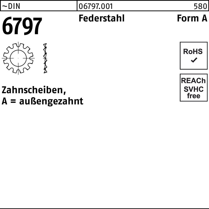 Zahnscheibe DIN 6797 FormA außengezahnt A 6,4 Federstahl 2000 Stück