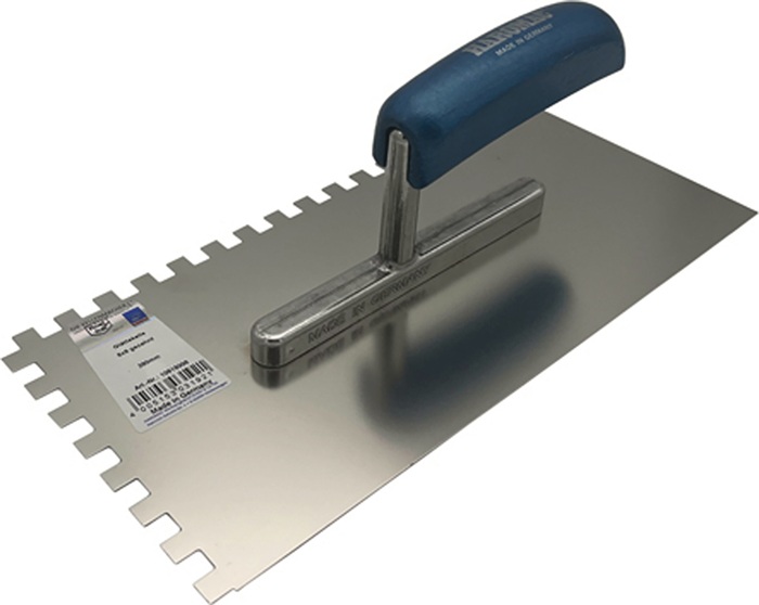 Glättekelle L.280mm B.130mm Buchenholzgriff Zahn 8x8mm rostfr.VA HAROMAC