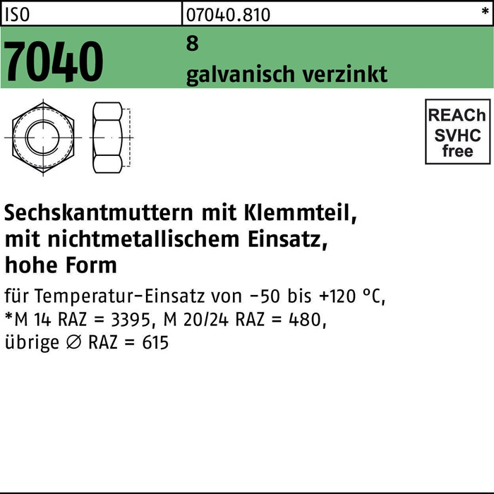 Sechskantmutter ISO 7040 Klemmteil M12 8 galv.verz. 100 Stück