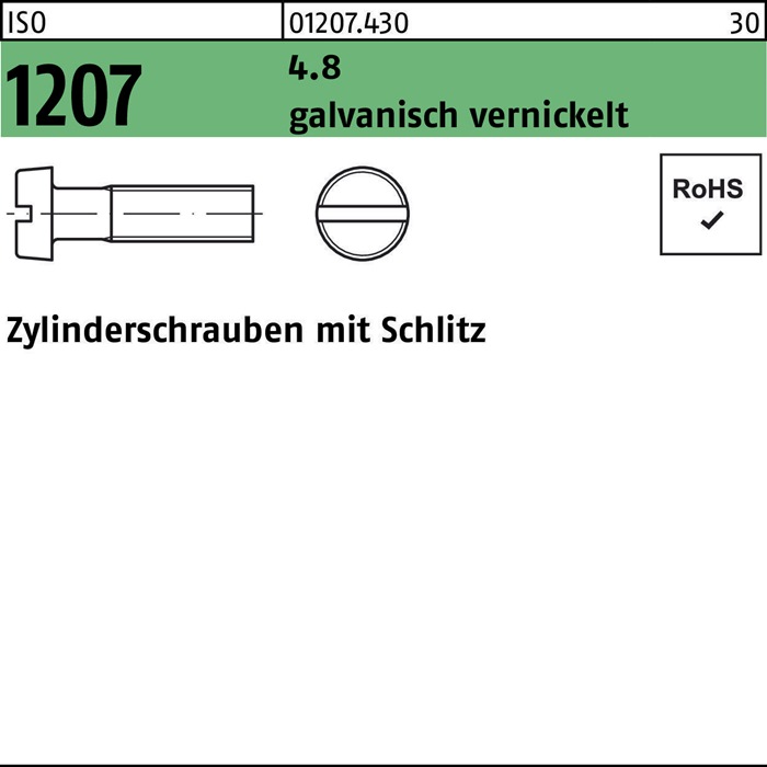 Zylinderschraube ISO 1207 Schlitz M4x 16 4.8 galv. vernickelt 2000Stück
