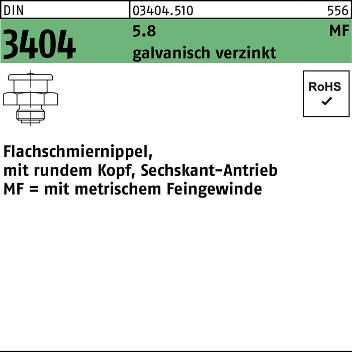 Flachschmiernippel DIN 3404 rundem Kopf/6-kt M6x1 SW 11 5.8 galv.verz. 100St.