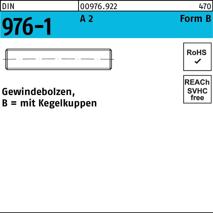 Gewindebolzen DIN 976 Kegelkuppen BM 16x 160 A 2 10 Stück