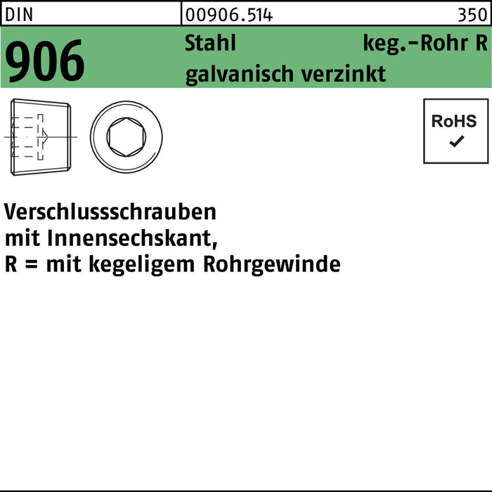 Verschlußschraube DIN 906 Innen-6kt R 1/8 Stahl galv.verz. 100St.