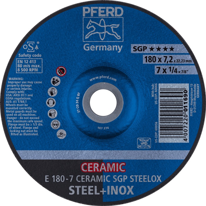 Schruppscheibe CERAMIC SGP STEELOX D180xS7mm gekr.STA Bohr.22,23mm PFERD