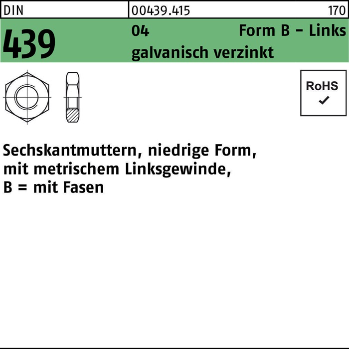 Sechskantmutter DIN 439 FormB links BM 42 Automatenstahl galv.verz. 10St.