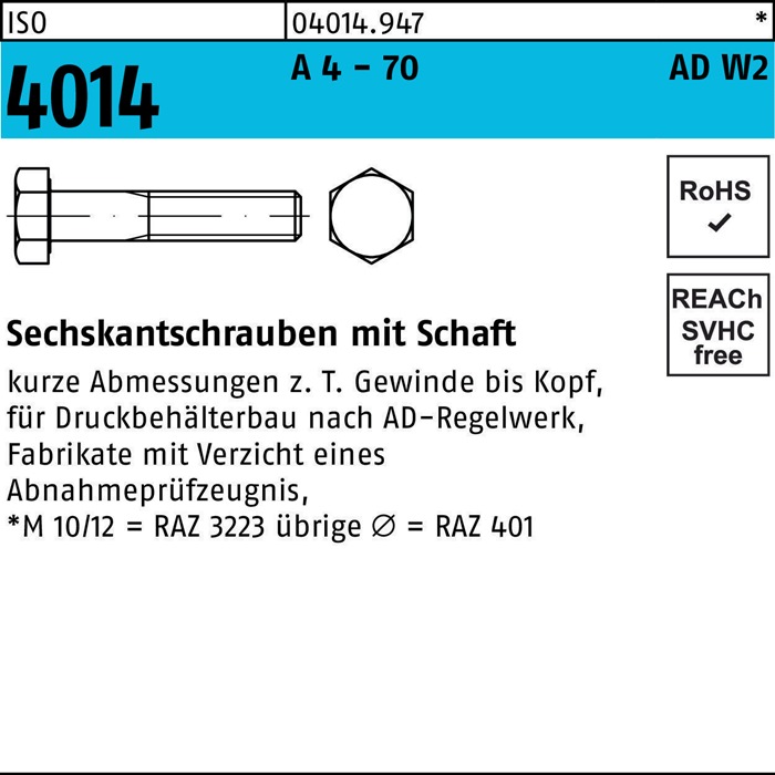 Sechskantschraube ISO 4014 Schaft M10x 75 A 4 - 70 AD-W2 50 Stück