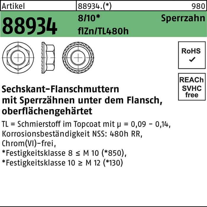 Sechskantflanschmutter R 88934 Sperrzahn M16 10 flZnnc 480h-L 50St.